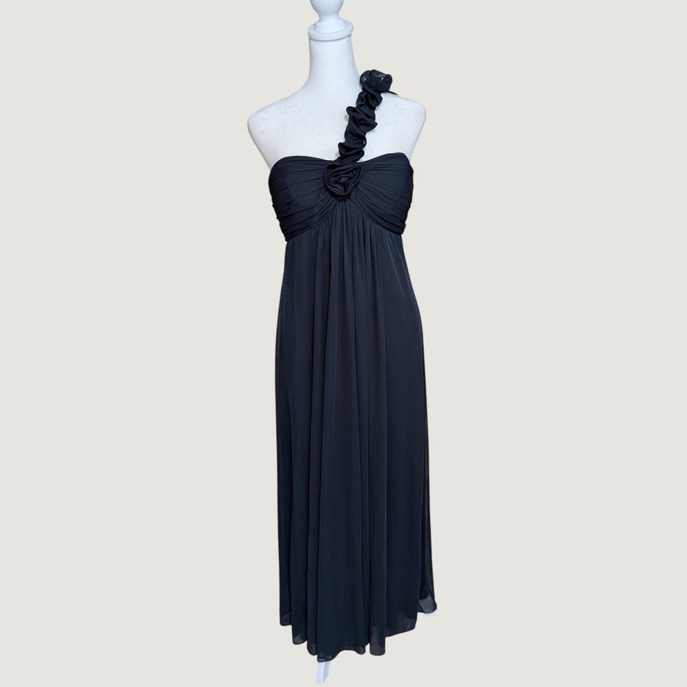 NWT Y2K Betsy & Adam Navy Blue One Shoulder Rosette Gown Size 8 Petite